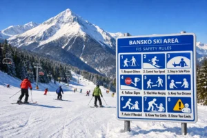 Скиори на писта в Банско спазващи правилата на FIS