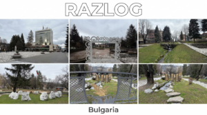 Колаж от снимки на Разлог, България с надпис RAZLOG като пощенска картичка.