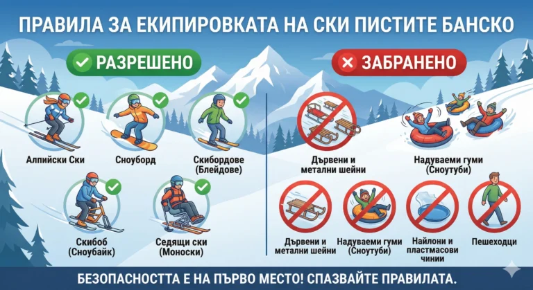Infographic with Bulgarian text "Rules for equipment on ski slopes Bansko". It is divided into two sections: "Allowed" (✅) with green checkmarks and icons for alpine skiing, snowboarding, skiboards (blades), skibob (snowbike) and sit-skis (monoskis); and "Forbidden" (❌) with red crossed-out circles for sleds, snow tubes, nylons, plastic plates and pedestrians. The background shows snowy mountains and a ski lift.