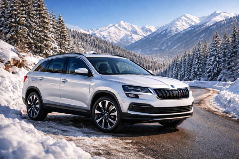 Модерен SUV автомобил под наем пътува по живописен планински път близо до Банско