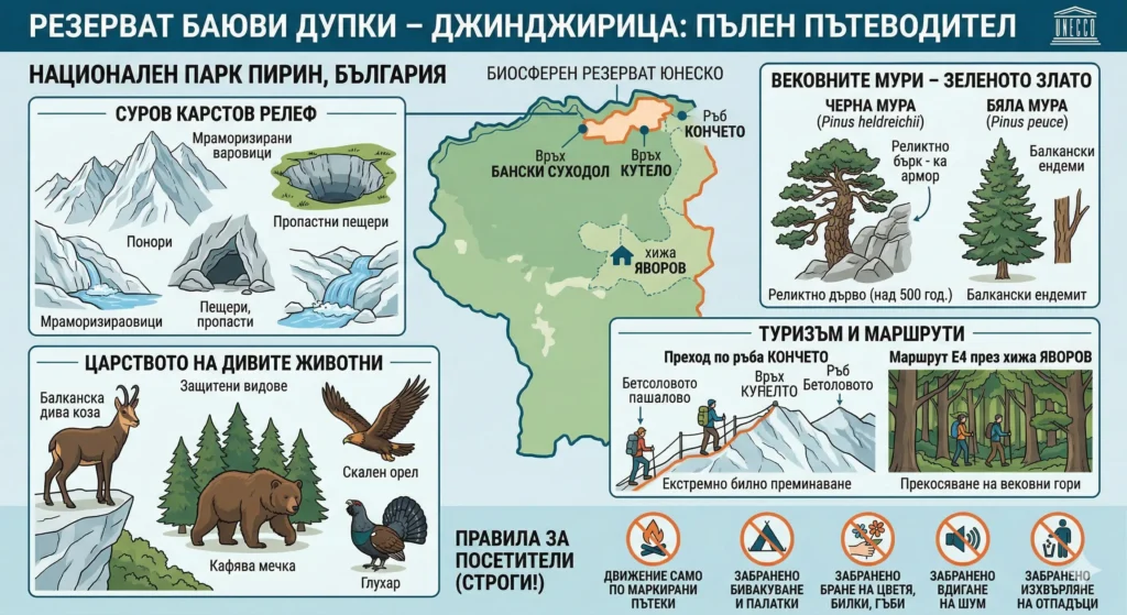 Infographics of the Bayuvi Dupki - Dzhindzhiritsa reserve in Pirin National Park: map of the territory, centuries-old groves, fauna (chamois, bear, eagle), fire bans, tents and behavior in the strict zone.