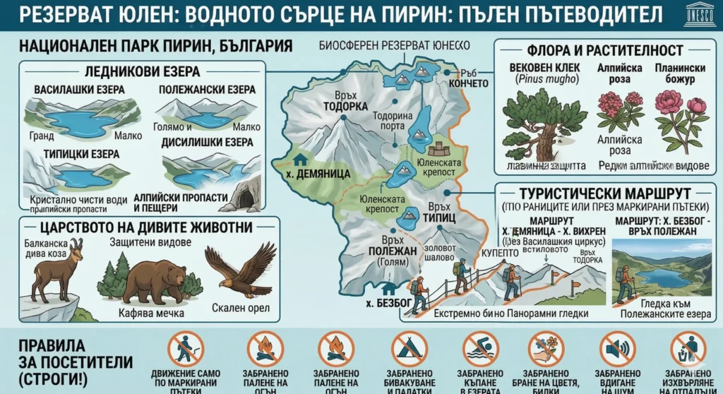 Infographics of the Yulen Reserve in the Pirin National Park: map of the granite Pirin, lakes (Vasilashki, Tipitski), vegetation (squat, alpine rose), fauna (chamois, bear, eagle) and tourism bans.