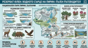 Infographics of the Yulen Reserve in the Pirin National Park: map of the granite Pirin, lakes (Vasilashki, Tipitski), vegetation (squat, alpine rose), fauna (chamois, bear, eagle) and tourism bans.