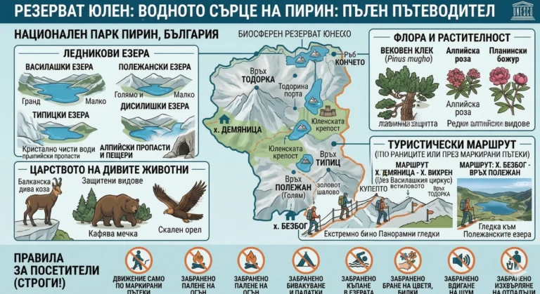 Infographics of the Yulen Reserve in the Pirin National Park: map of the granite Pirin, lakes (Vasilashki, Tipitski), vegetation (squat, alpine rose), fauna (chamois, bear, eagle) and tourism bans.