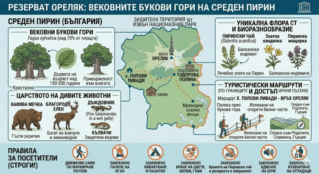 Infographics of the "Orelyak" reserve in Middle Pirin: beech forests (>150 years old), Pirin tea, Orelyak peak (2099 m), fauna (bear, roe deer), routes from Popovi Livadi hut and strict prohibitions