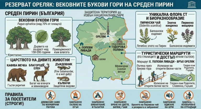 Infographics of the "Orelyak" reserve in Middle Pirin: beech forests (>150 years old), Pirin tea, Orelyak peak (2099 m), fauna (bear, roe deer), routes from Popovi Livadi hut and strict prohibitions
