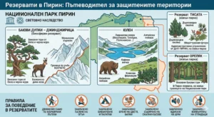 Infographics of the reserves in Pirin National Park: "Bayuvi Dupki - Dzhindzhiritsa" and "Yulen", with flora (muri, pine, squat), fauna (chamois, bear, deer), prohibitions and rules of conduct in the park