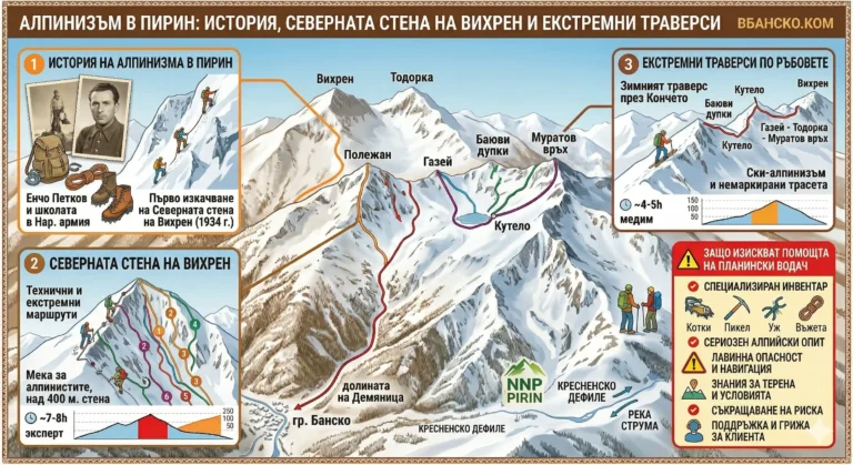 Pirin mountaineering infographic showing the North Face of Vihren Peak, extreme ski-mountaineering traverses through Koncheto, Gazei, Todorka and Muratov Peak, historical footage and required specialized equipment