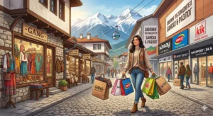 Illustration of a smiling woman shopping on a cobblestone street in Bansko, Bulgaria. She is holding multiple paper bags with various brand names such as "GANG", "Sinsay", "Pepco", "KIK", "Sport Depot" and "SLS". The street is lined with traditional Bulgarian Revival houses converted into small ethnic shops (e.g. "GANG - Etno Moda"), and more modern commercial buildings with logos of large chains. In the background are the snow-capped Pirin Mountains and a gondola. A large banner in Bulgarian reads "SHOPPING GUIDE BANSKO & RAZLOG".