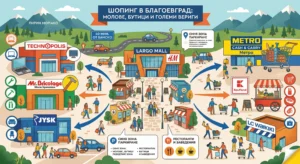 Илюстрована карта-пътеводител за пазаруване в Благоевград, озаглавена „Шопинг в Благоевград: молове, бутици и големи вериги“, показваща Largo Mall, Technopolis, Mr. Bricolage, JYSK, Metro и Kaufland, с указания за паркиране Синя зона.