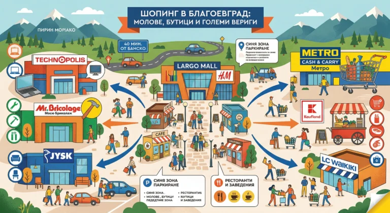 Илюстрована карта-пътеводител за пазаруване в Благоевград, озаглавена „Шопинг в Благоевград: молове, бутици и големи вериги“, показваща Largo Mall, Technopolis, Mr. Bricolage, JYSK, Metro и Kaufland, с указания за паркиране Синя зона.