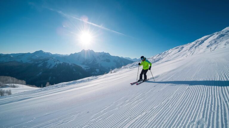 Начинаещ скиор на пистата в Добринище под връх Безбог в Пирин