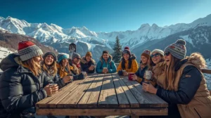 A mixed group of friends on a ski vacation in Bansko enjoy lunch on a sunny mountain terrace.