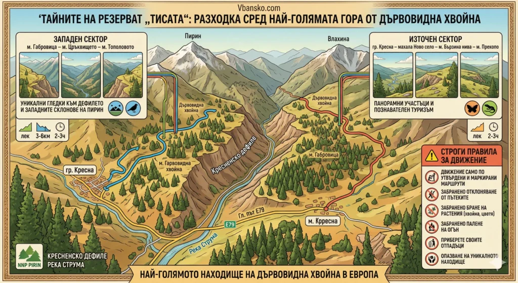 Infographic with summer hiking routes in the Tisata Reserve in the Pirin Mountains, focused on the Demyanitsa Valley, Demyanitsa Hut, the Kresna Gorge, and marked eco-trails with safety warnings.