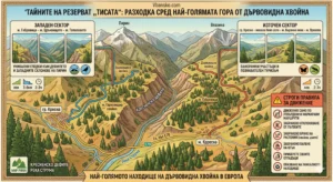 Infographic with summer hiking routes in the Tisata Reserve in the Pirin Mountains, focused on the Demyanitsa Valley, Demyanitsa Hut, the Kresna Gorge, and marked eco-trails with safety warnings.