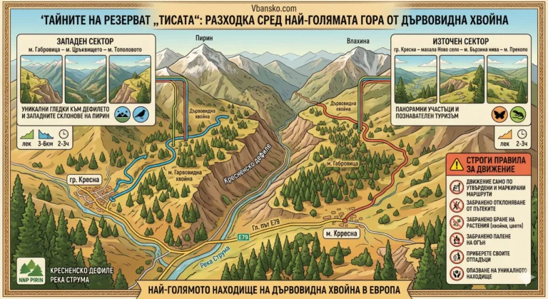 Infographic with summer hiking routes in the Tisata Reserve in the Pirin Mountains, focused on the Demyanitsa Valley, Demyanitsa Hut, the Kresna Gorge, and marked eco-trails with safety warnings.