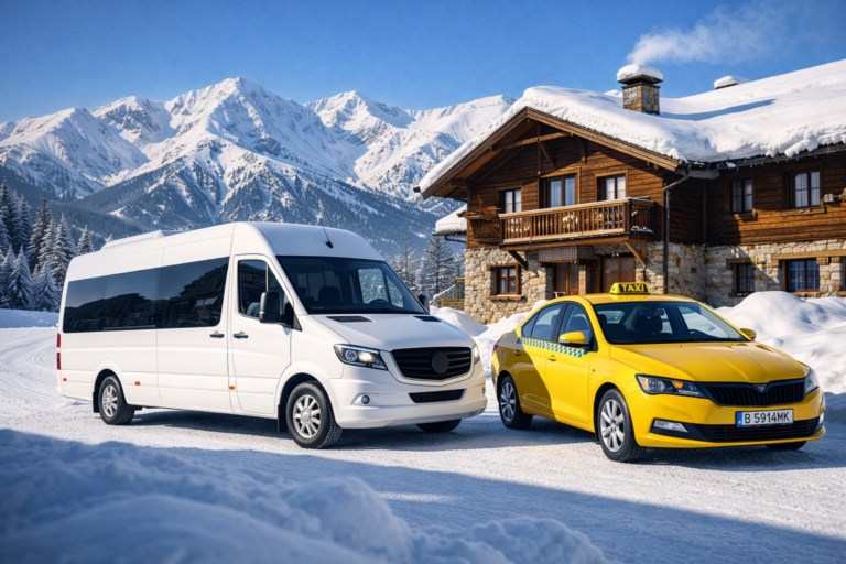 Жълто такси и микробус за трансфери на фона на снежната планина в Банско