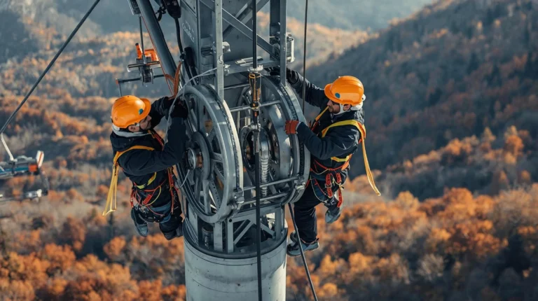 Mountaineering technicians are performing maintenance on the rollers on the pole of the gondola lift in Bansko.