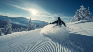 Фрийстайл скиор изпълнява каране на ски назад (switch) с поглед през рамо по снежна писта в планината.