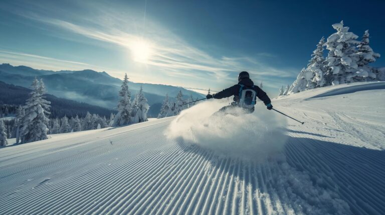 Фрийстайл скиор изпълнява каране на ски назад (switch) с поглед през рамо по снежна писта в планината.