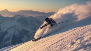 Експертен скиор прави дълбок карвинг завой на стръмна черна писта в Банско