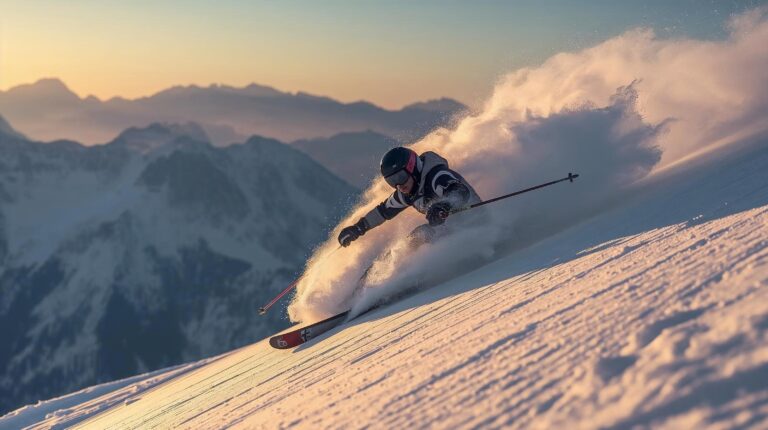 Експертен скиор прави дълбок карвинг завой на стръмна черна писта в Банско