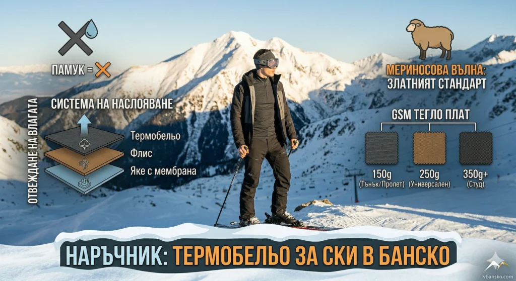Detailed infographic and photo serving as a visual guide to choosing thermal underwear for skiing in Bansko. The central figure is a skier standing on a snowy slope, showing off thin merino thermal underwear under a partially open technical jacket. Peak Todorka from Plateau Peak dominates the background. Graphic overlays include: "COTTON = ❌", a "LAYERING SYSTEM" diagram (Thermal Underwear, Fleece, Membrane Jacket), a "MOISTURE WICKING" arrow, a sheep icon with the text "MERINO WOOL: THE GOLD STANDARD", a "GSM FABRIC WEIGHT" diagram (150g, 250g, 350g+) and a large banner at the bottom: "GUIDE: THERMOBASE FOR SKIING IN BANSKO". The https://www.google.com/search?q=vbansko.com logo is integrated in the lower right corner.