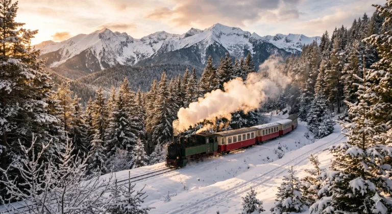 A narrow-gauge railway from Bansko passes through a snowy forest in Pirin.