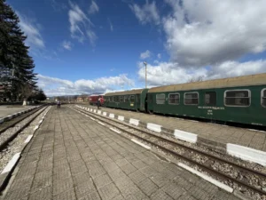 Теснолинейка на малка гарова платформа в слънчев зимен ден