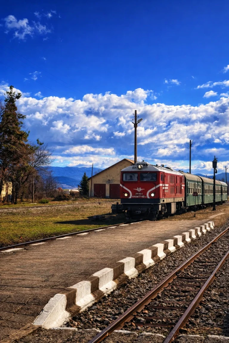 Червен локомотив с пътнически вагони на теснолинейка в гара Банско под синьо небе с облаци