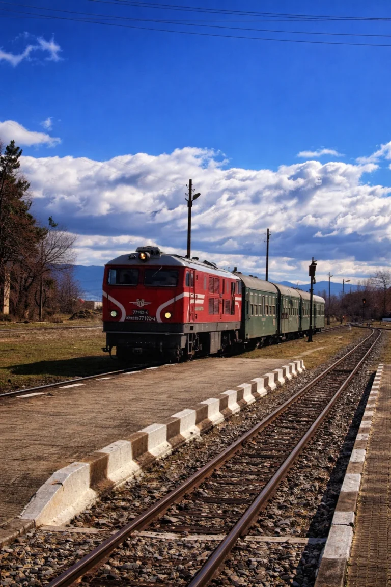 Теснолинейка с червен локомотив на гара Банско с планински фон и облачно небе