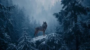 Сив вълк в снежна гора в Национален парк Пирин над Банско.