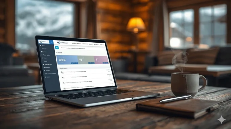 Снимка в близък план на отворен лаптоп на рустикална дървена маса в уютно планинско шале в Банско. Екранът на лаптопа показва таблото за управление на уебсайта https://www.google.com/search?q=vbansko.com на български език със статистика за бизнеса (преглеждания, запитвания, оценки). На масата има чаша с димящо кафе, тефтерче и химикалка. През прозореца на заден план се виждат снежни планини.