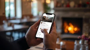 Смартфон с отворена платформа Vbansko, показващ спонсорирана реклама на локален бизнес на първо място сред резултатите в Банско.