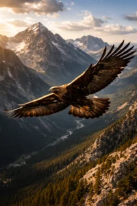 Златен орел (Aquila chrysaetos) се рее над скалистите върхове на Пирин планина при залез, с драматична светлина и дълбоки долини в района на Банско.