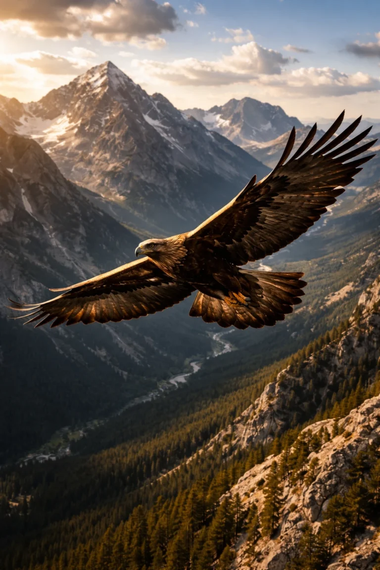 Златен орел (Aquila chrysaetos) се рее над скалистите върхове на Пирин планина при залез, с драматична светлина и дълбоки долини в района на Банско.