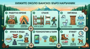 Detailed infographic in a modern vector style with the title "HOUSES AROUND BANSKO: A QUICK GUIDE". The image includes six numbered panels with icons and text explaining opening hours, sleeping and hygiene conditions, nutrition, available technologies (cache and weak signal) and etiquette in mountain huts. The background is a mountain landscape with pine forests.