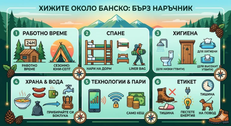 Detailed infographic in a modern vector style with the title "HOUSES AROUND BANSKO: A QUICK GUIDE". The image includes six numbered panels with icons and text explaining opening hours, sleeping and hygiene conditions, nutrition, available technologies (cache and weak signal) and etiquette in mountain huts. The background is a mountain landscape with pine forests.
