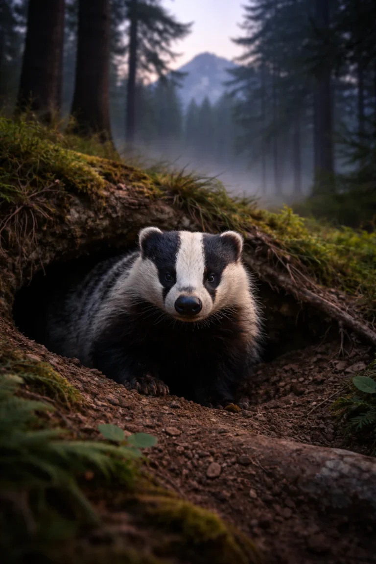 A European badger (Meles meles) in the forests of the Pirin Mountains around Bansko, emerging from its underground den.