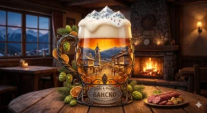 Уникална илюстрация на чаша крафт бира, пресъздаваща заснежените Пирин планини, скиори и стария град Банско с църквата "Света Троица", поставена на дървена маса до плато с бански старец в уютен пъб с камина и изглед към планината.