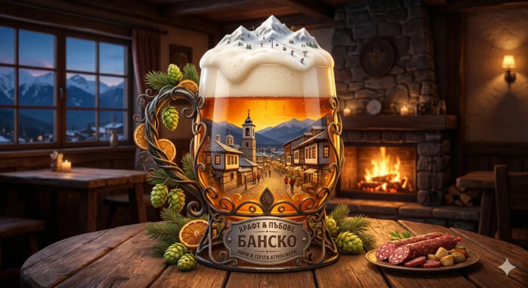 Уникална илюстрация на чаша крафт бира, пресъздаваща заснежените Пирин планини, скиори и стария град Банско с църквата "Света Троица", поставена на дървена маса до плато с бански старец в уютен пъб с камина и изглед към планината.