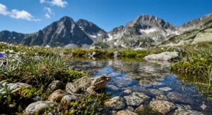 Кафява жаба седи върху камъчета в плитка, бистра вода на преден план. Около нея има зелена трева и алпийска растителност. В далечината се издигат високи, скалисти планински върхове с остатъци от сняг под ярко синьо небе с бели облаци.