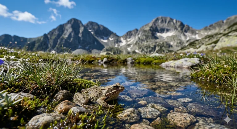 A brown frog sits on pebbles in shallow, clear water in the foreground. It is surrounded by green grass and alpine vegetation. In the distance, tall, rocky mountain peaks with remnants of snow rise under a bright blue sky with white clouds.