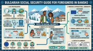 Подробна инфографика в модерен плосък стил, озаглавена "БЪЛГАРСКИ НАРЪЧНИК ЗА СОЦИАЛНО ОСИГУРЯВАНЕ ЗА ЧУЖДЕНЦИ В БАНСКО" (BULGARIAN SOCIAL SECURITY GUIDE FOR FOREIGNERS IN BANSKO) на фона на планината Пирин. В центъра са илюстрирани чуждестранна двойка с куфари, които гледат карта, заобиколени от шест номерирани стъпки и криволичещи пътеки с етикети "ПЪТЯТ КЪМ СОЦИАЛНО ОСИГУРЯВАНЕ" (PATH TO SOCIAL SECURITY). Различните секции включват: NSSI ПРЕДВАРИТЕЛНИ ИЗИСКВАНИЯ (NSSI PRE-REQUISITES): Показва необходимостта от валидна лична карта (паспорт, българска карта за пребиваване), социалноосигурителен номер (ЕГН/ЛНЧ) и регистрация (БУЛСТАТ и др.). ИЗБОР НА ЛИЧЕН ЛЕКАР/GP (CHOOSE A PERSONAL DOCTOR/GP): Обяснява важността на личния лекар за болнични и направления. Споменава 'синя Здравноосигурителна книжка' (blue health insurance booklet). ПРЕДИМСТВА ЗА ЧУЖДЕНЦИ (BENEFITS FOR FOREIGNERS): Разделена на две пътеки: "ГРАЖДАНИ НА ЕС" (EU CITIZENS) с икона на ЕЗОК карта и формуляр S1 за дългосрочни грижи; и "ГРАЖДАНИ НА ТРЕТИ СТРАНИ" (THIRD-COUNTRY CITIZENS) с необходимост от Виза Д, разрешение за пребиваване и частна застраховка. ПЕНСИИ И МЕЖДУНАРОДНИ ДОГОВОРИ (PENSIONS & INTERNATIONAL AGREEMENTS): Споменава международни споразумения и формуляри, с призив за координация с пенсионния фонд в родната страна. ПЕРСОНАЛЕН ИДЕНТИФИКАЦИОНЕН КОД (PIC) (PERSONAL IDENTIFICATION CODE (PIC)): Информира за получаване на PIC код от НОИ за достъп до е-услуги и проверка на болнични. КОНТАКТИ И ОБОБЩЕНИЕ (CONTACTS & SUMMARY): Изброява контакти за офисите в Разлог и Благоевград. Долната част съдържа секция "СЪОТВЕТНИ РЕСУРСИ ЗА ВАШАТА СТРАНА" (RELEVANT RESOURCES FOR YOUR HOMECOUNTRY) с икони за граждани на ЕС, здравеопазване, Виза Д, пенсионери и инвеститори. Дизайнът е чист, с икони за паспорти, медицински символи, знамена и сгради.