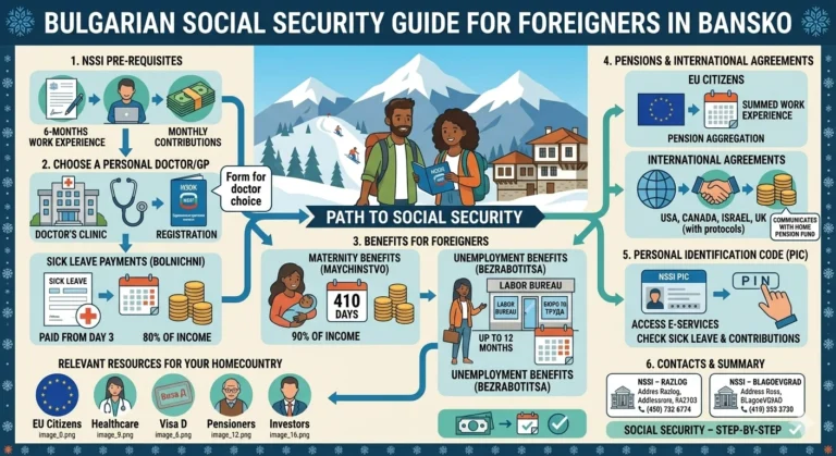 Подробна инфографика в модерен плосък стил, озаглавена "БЪЛГАРСКИ НАРЪЧНИК ЗА СОЦИАЛНО ОСИГУРЯВАНЕ ЗА ЧУЖДЕНЦИ В БАНСКО" (BULGARIAN SOCIAL SECURITY GUIDE FOR FOREIGNERS IN BANSKO) на фона на планината Пирин. В центъра са илюстрирани чуждестранна двойка с куфари, които гледат карта, заобиколени от шест номерирани стъпки и криволичещи пътеки с етикети "ПЪТЯТ КЪМ СОЦИАЛНО ОСИГУРЯВАНЕ" (PATH TO SOCIAL SECURITY). Различните секции включват: NSSI ПРЕДВАРИТЕЛНИ ИЗИСКВАНИЯ (NSSI PRE-REQUISITES): Показва необходимостта от валидна лична карта (паспорт, българска карта за пребиваване), социалноосигурителен номер (ЕГН/ЛНЧ) и регистрация (БУЛСТАТ и др.). ИЗБОР НА ЛИЧЕН ЛЕКАР/GP (CHOOSE A PERSONAL DOCTOR/GP): Обяснява важността на личния лекар за болнични и направления. Споменава 'синя Здравноосигурителна книжка' (blue health insurance booklet). ПРЕДИМСТВА ЗА ЧУЖДЕНЦИ (BENEFITS FOR FOREIGNERS): Разделена на две пътеки: "ГРАЖДАНИ НА ЕС" (EU CITIZENS) с икона на ЕЗОК карта и формуляр S1 за дългосрочни грижи; и "ГРАЖДАНИ НА ТРЕТИ СТРАНИ" (THIRD-COUNTRY CITIZENS) с необходимост от Виза Д, разрешение за пребиваване и частна застраховка. ПЕНСИИ И МЕЖДУНАРОДНИ ДОГОВОРИ (PENSIONS & INTERNATIONAL AGREEMENTS): Споменава международни споразумения и формуляри, с призив за координация с пенсионния фонд в родната страна. ПЕРСОНАЛЕН ИДЕНТИФИКАЦИОНЕН КОД (PIC) (PERSONAL IDENTIFICATION CODE (PIC)): Информира за получаване на PIC код от НОИ за достъп до е-услуги и проверка на болнични. КОНТАКТИ И ОБОБЩЕНИЕ (CONTACTS & SUMMARY): Изброява контакти за офисите в Разлог и Благоевград. Долната част съдържа секция "СЪОТВЕТНИ РЕСУРСИ ЗА ВАШАТА СТРАНА" (RELEVANT RESOURCES FOR YOUR HOMECOUNTRY) с икони за граждани на ЕС, здравеопазване, Виза Д, пенсионери и инвеститори. Дизайнът е чист, с икони за паспорти, медицински символи, знамена и сгради.