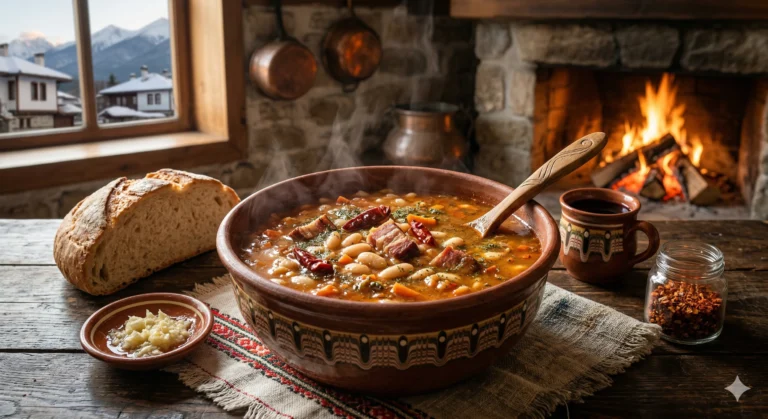 Traditional Bulgarian bean soup with smoked meat in a clay bowl on a wooden table in a tavern.