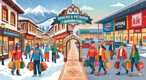 A hand-drawn illustration of a shopping guide for Bansko, showing traditional winter gear shops in the snowy resort on the left and a modern retail park with clothing chains on the right.
