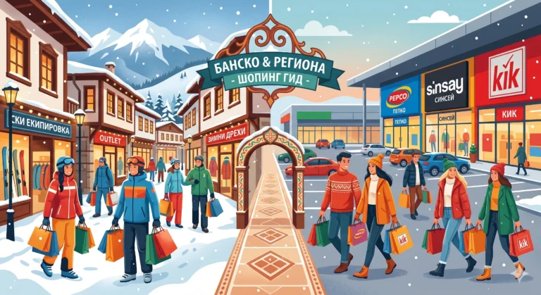 A hand-drawn illustration of a shopping guide for Bansko, showing traditional winter gear shops in the snowy resort on the left and a modern retail park with clothing chains on the right.