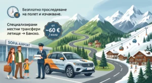 Илюстрация на частен трансфер от летище София до Банско с BanTransfer. Професионален шофьор посреща семейство туристи до брандиран модерен SUV на фона на заснежени планински върхове, ски писти и хотели.