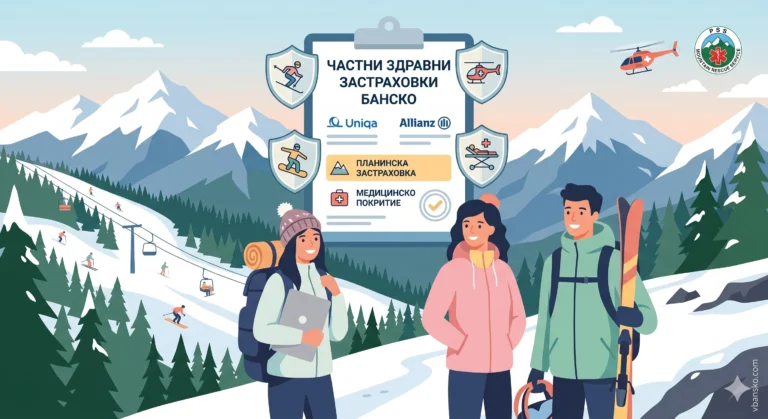 Рекламна илюстрация за частни здравни застраховки в Банско, показваща група хора с лаптоп и ски пред голяма папка с документи, съдържаща информация за услуги от Uniqa и Allianz, на фона на заснежени планини и ски писти.